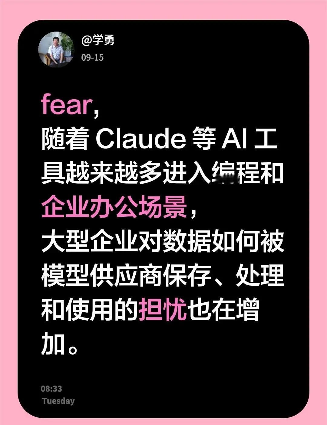 fear,随着 Claude 等 AI 工具越来越多进入编程和企业办公场景，大型