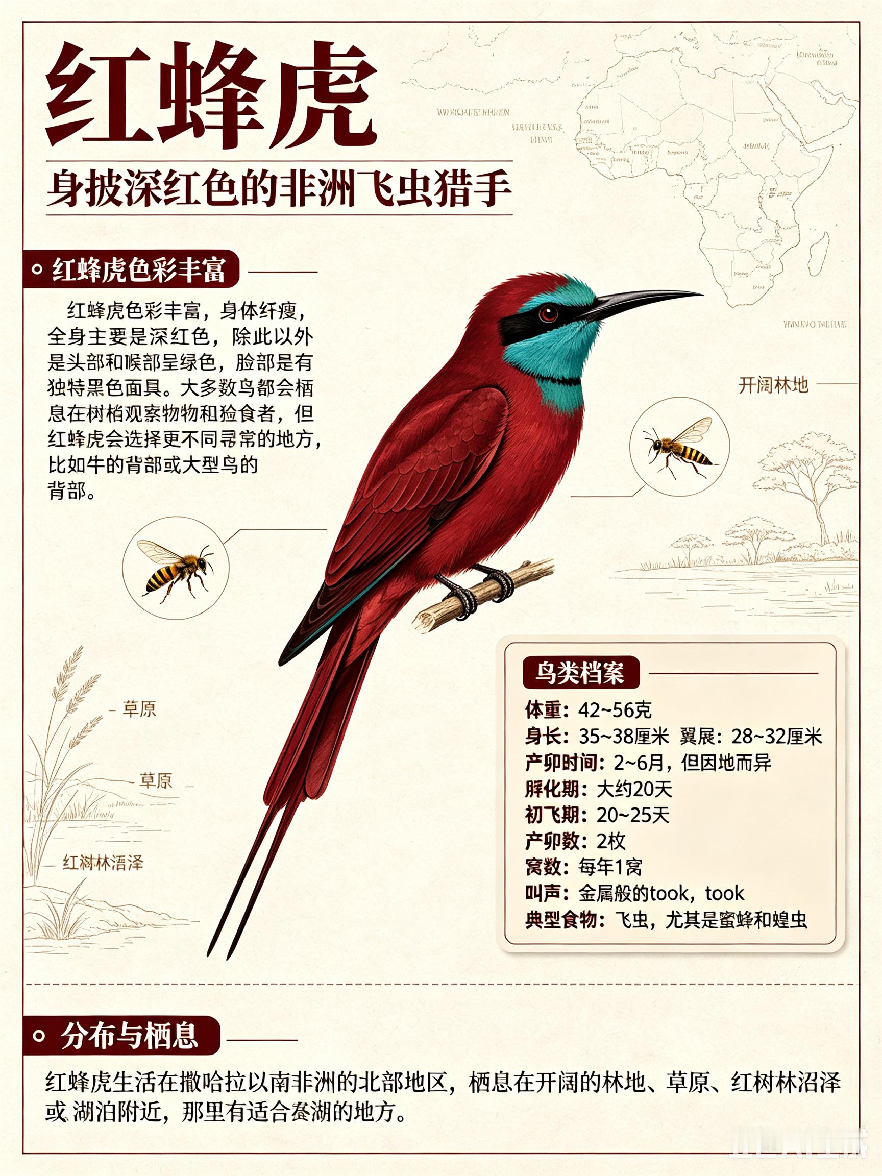 鸟类朋友图鉴 红蜂虎红蜂虎色彩丰富，身体纤瘦，全身主要是深红色，除此以外，头部和