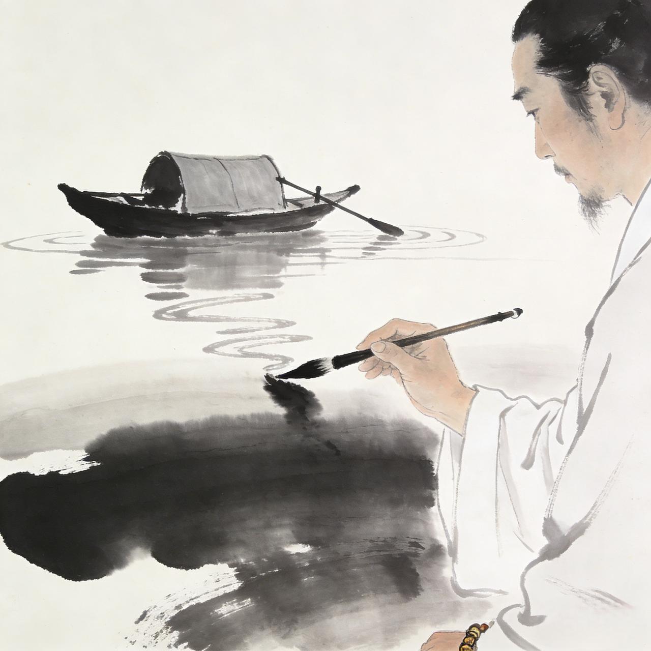 上联：轻舟荡破一湖月
下联：醉墨泼成千里秋
转写人文意境，狂放墨色替代自然景物，