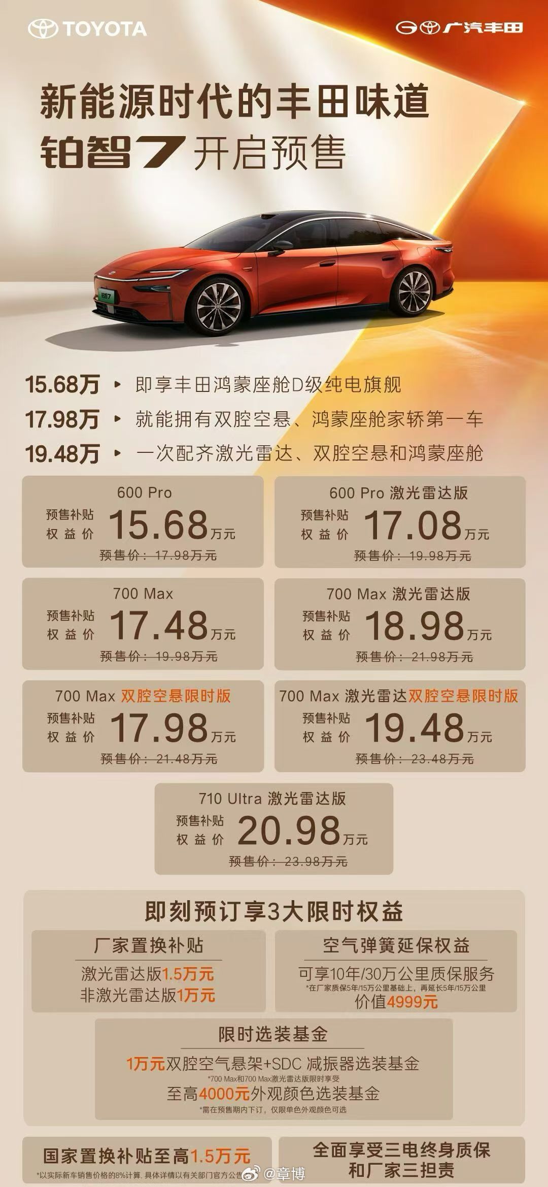 广汽丰田铂智7预售权益价:15.68万即享丰田鸿蒙座舱D级纯电旗舰17.98万就