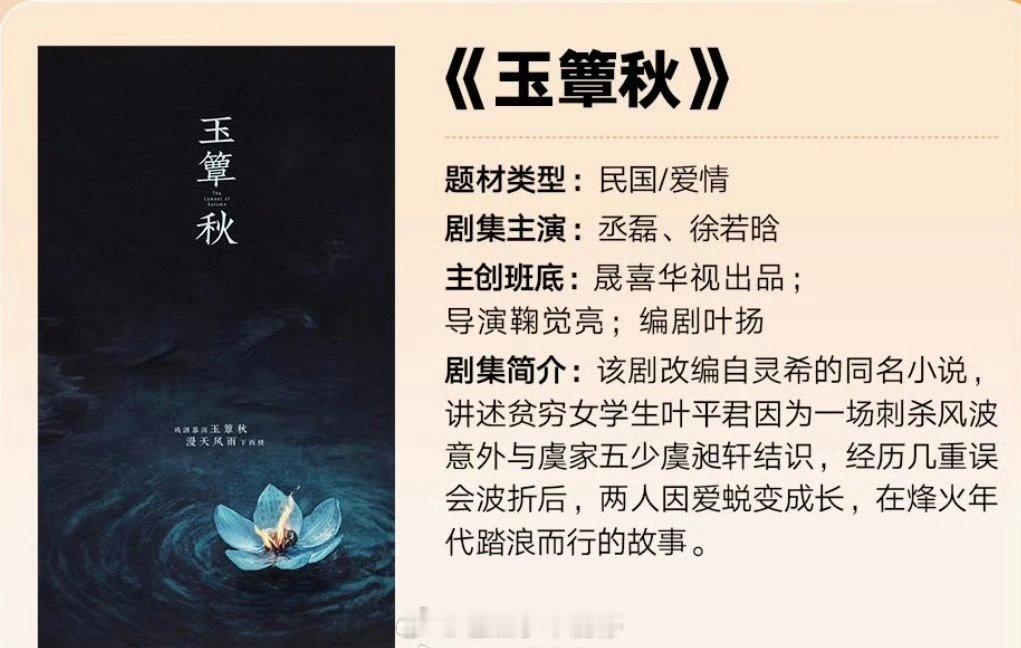 芒果秋季招商《玉簟秋》官宣主演：丞磊，徐若晗题材类型：民国/爱情 ​​​