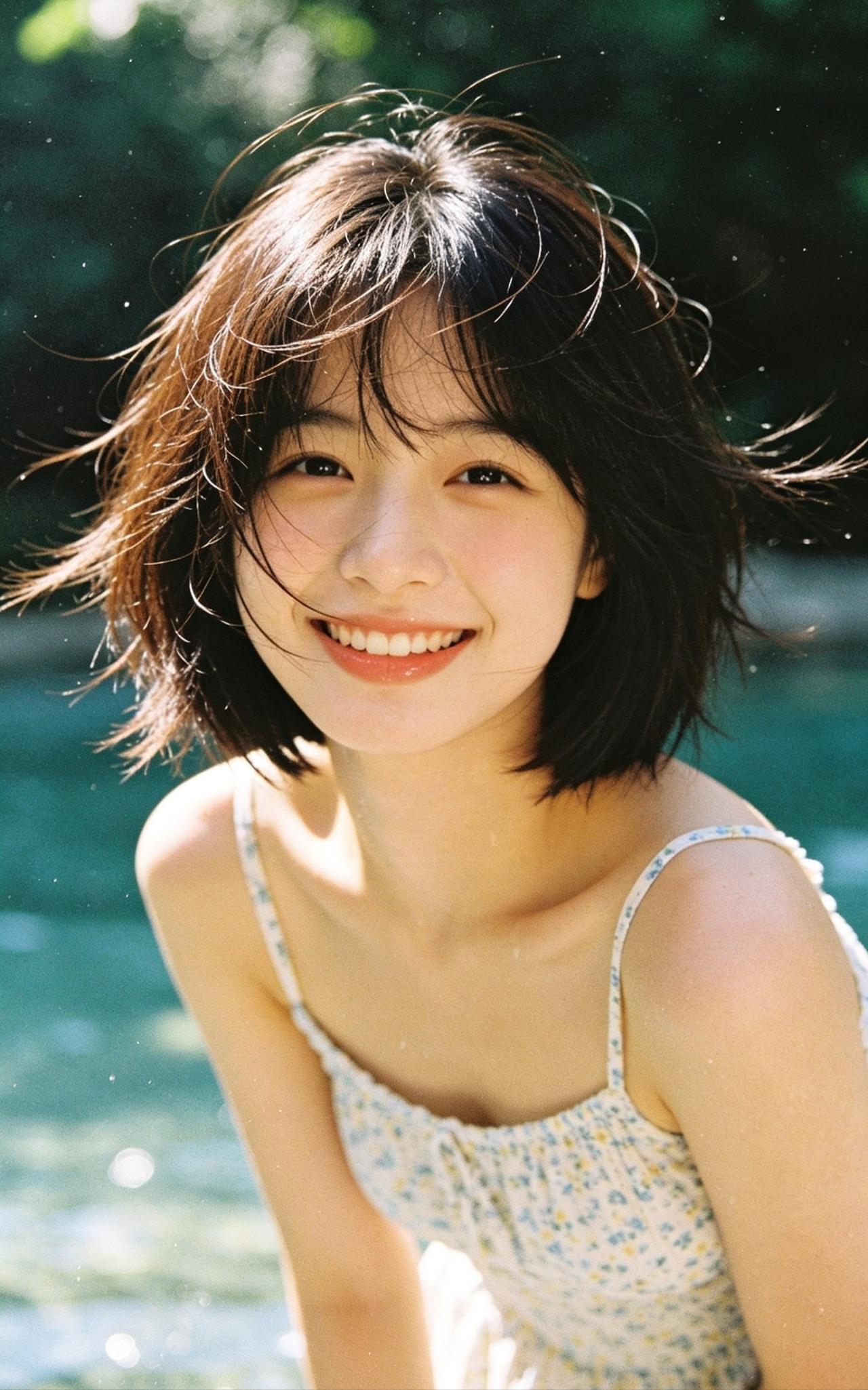 救命！谁能抵抗短发女孩这般干净的笑容
阳光、池水、随风飞舞的发丝，自带清爽夏日滤