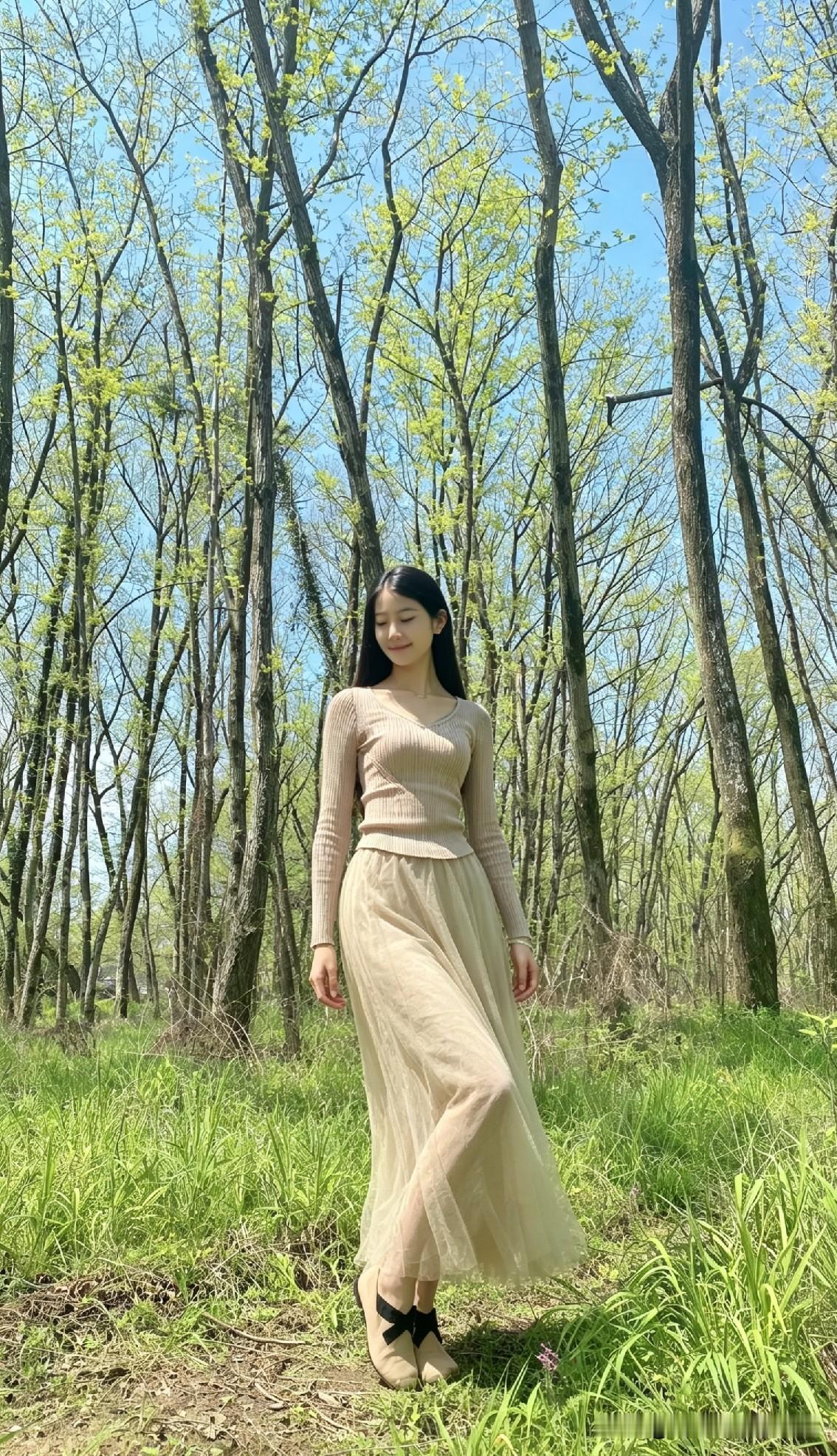 她走进那片刚被春天唤醒的林子，鞋底蹭过带着潮气的泥土和新生的草芽。
 
阳光穿过