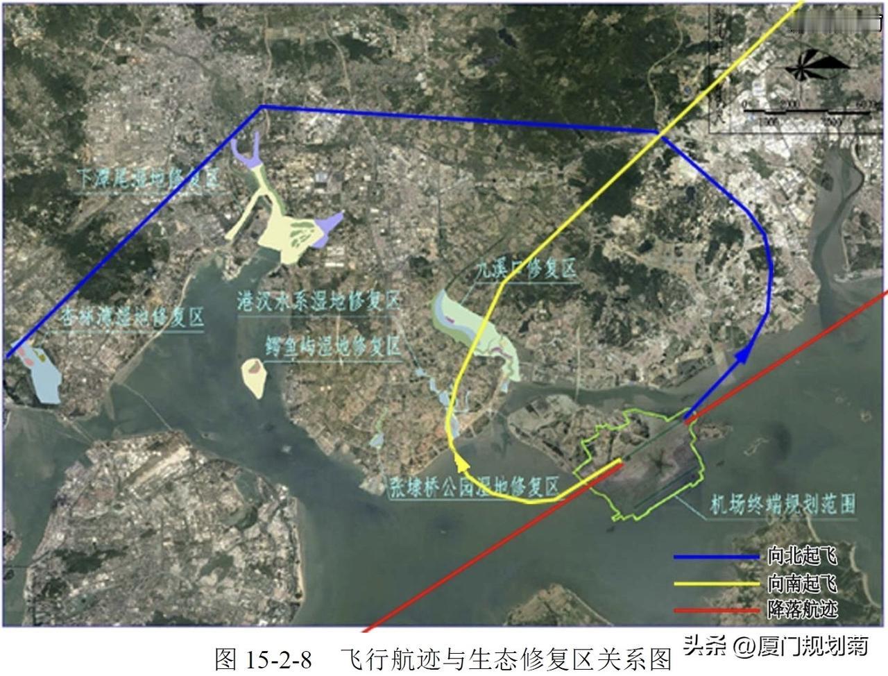 翔安机场规划飞行航迹与高崎、金门机场对比
图1是翔安机场飞行航迹与生态修复区关系