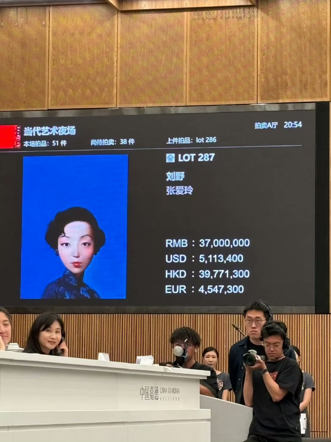 昨晚刘野画作《﻿张爱玲﻿ 》以4255万成交。此前由作词人﻿姚谦﻿收藏 ​​​