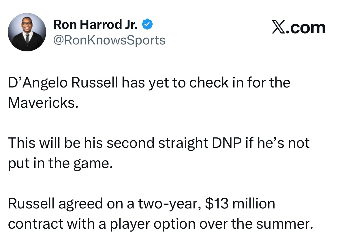 拉塞尔连续两场比赛被DNP，夏天与独行侠签下一份两年1300万美元的合同，合同包