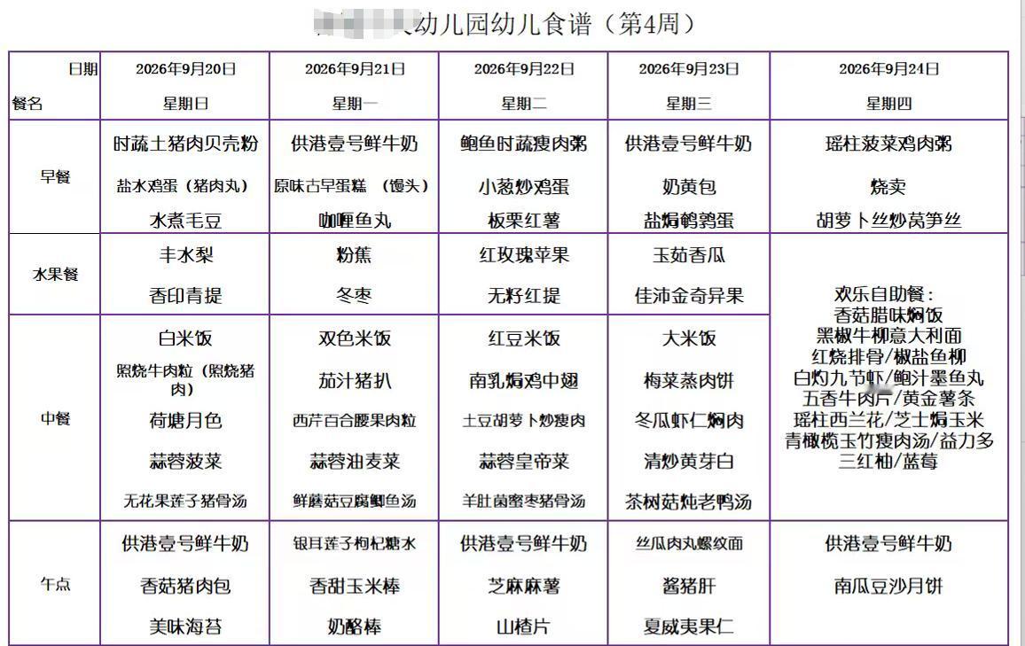 深圳福田幼儿园的菜单
每周都不一样
大家的都是这样吗？