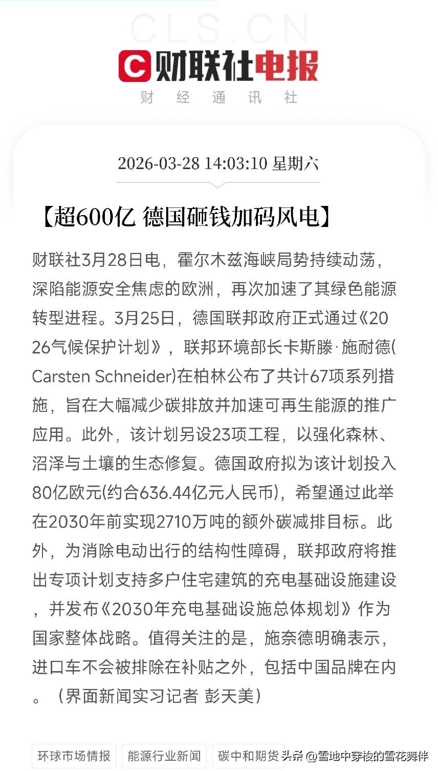 德国砸80亿欧元加码风电！
67项措施力推可再生能源，进口车补贴包括中国品牌，释