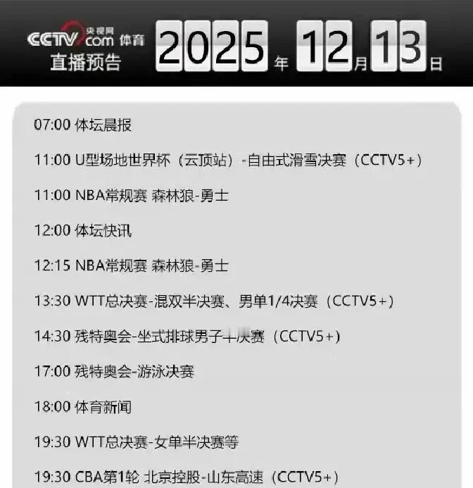 13号CCTV5乒乓球转播计划调整！NBA取代莎头组合CBA让位孙颖莎
周六体育