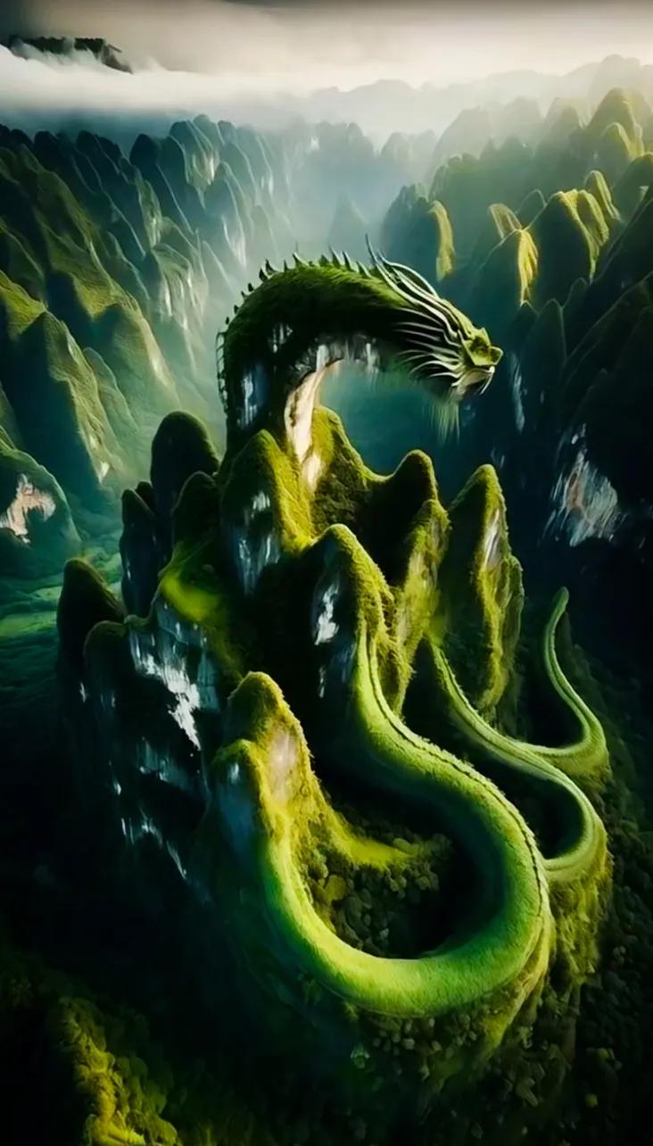 梦幻仙境，巨龙盘踞山巅，云雾缭绕间绝美山水画卷 人间仙境一副画