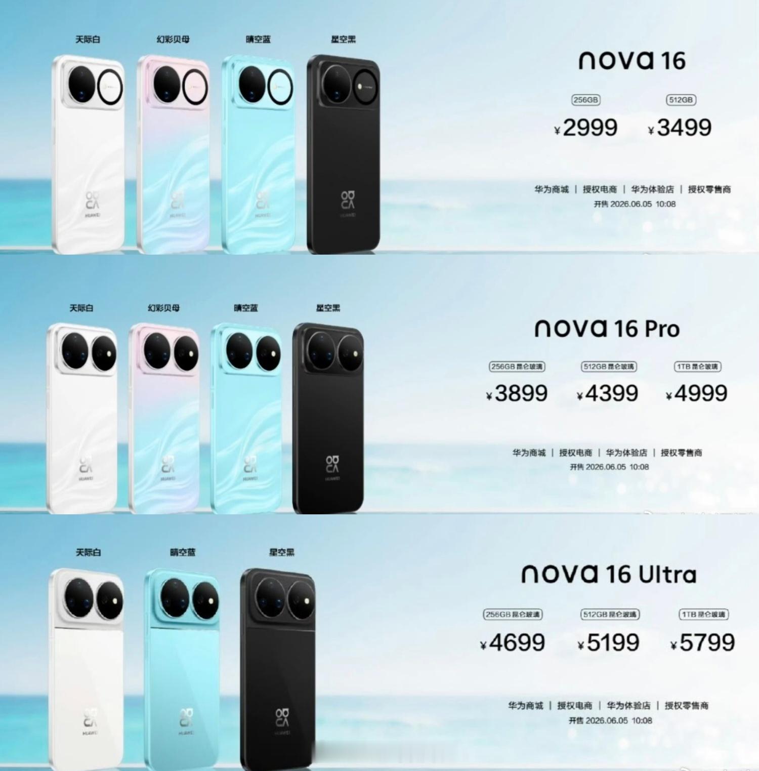 华为nova16系列，搭载9010S处理器nova16：2999起512GB 3