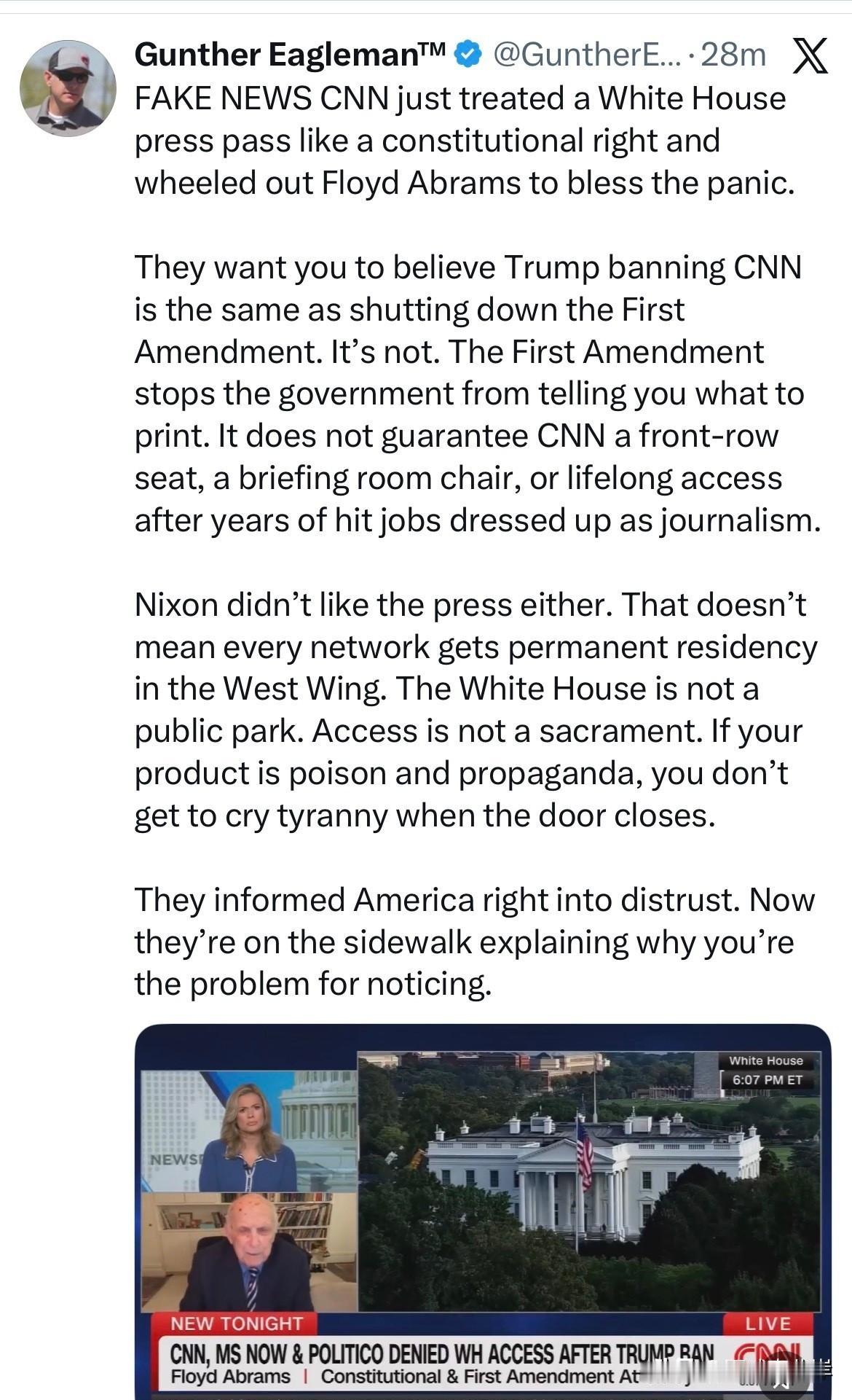 假新闻媒体CNN，竟把白宫记者证当成一项宪法赋予的权利，还请来Floyd Abr