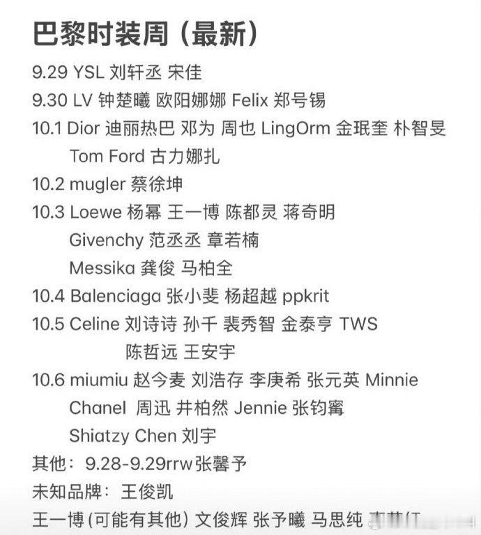 巴黎时装周最新名单 ​​​