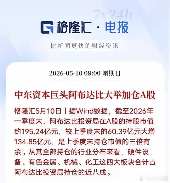 中东资本巨头大举抄底A股，释放重要信号5月10日消息，阿布达比投资局一季度在A股