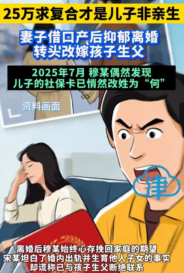 25万求复婚才知儿子非亲生且已改姓，原来，妻子婚内出轨，借口产后抑郁症和老公离婚