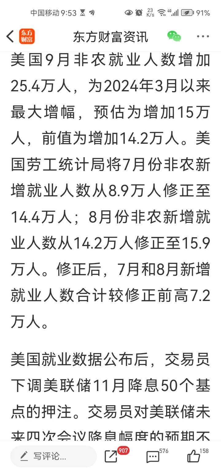 晚间传来重要消息！美国公布了9月份非农就业数据，数据显示美国9月非农就业人数增了