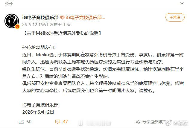 【iG:Meiko意外受伤说明】Meiko伤势不影响训练备战6月12日，发布Me