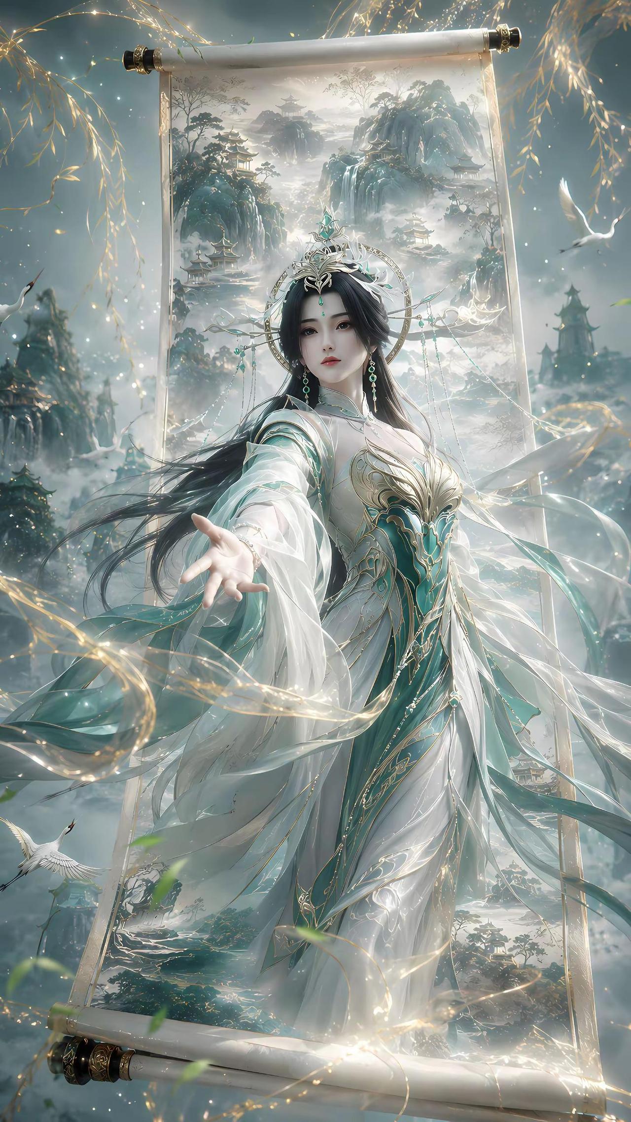 一纸惊鸿。一纸山河开画卷，群仙破墨落尘寰。远山藏古刹，仙鹤绕云鬟；原来世间绝色，