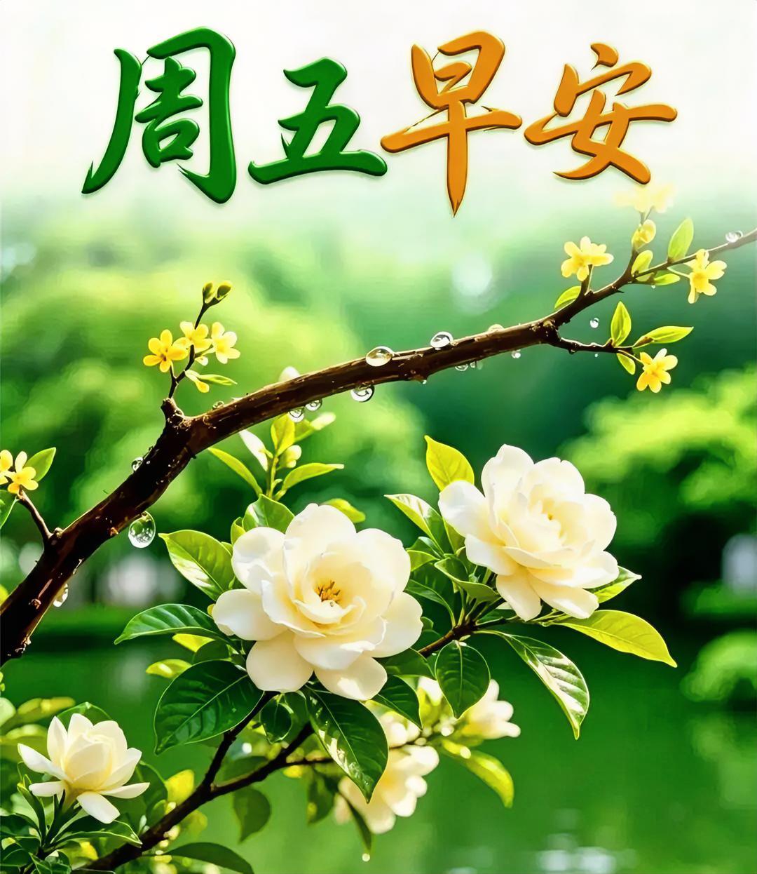 周五早安！枝头花开带露，清新治愈满分，元气满满迎接快乐周末～
早安唯美图案分享