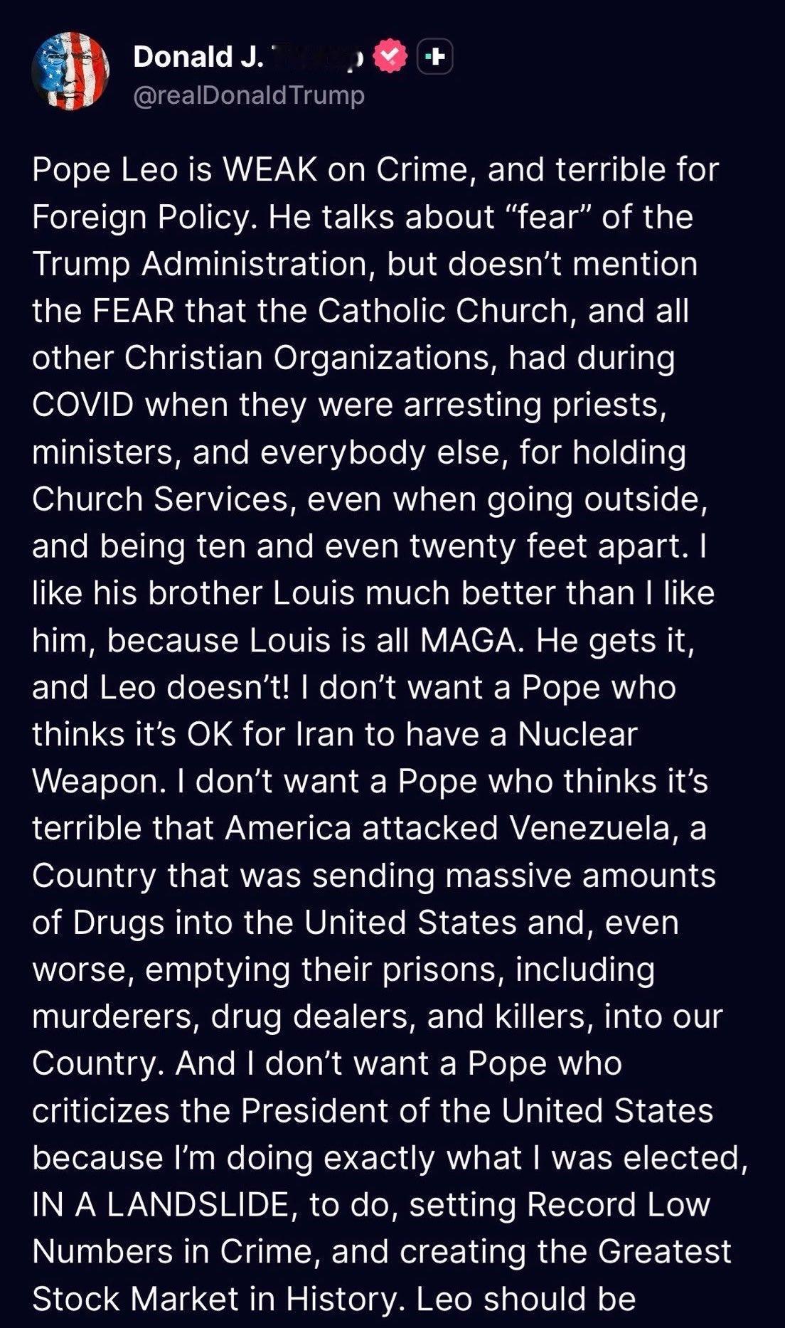 特朗普对教皇利奥十四世猛烈开火：

“教皇利奥在犯罪问题上态度软弱，在外交政策方