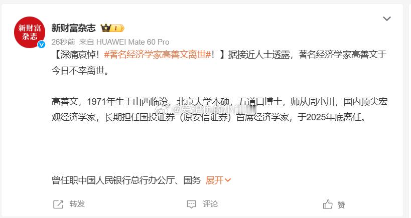 著名经济学家高善文离世 据接近人士透露，著名经济学家高善文于今日不幸离世71年的