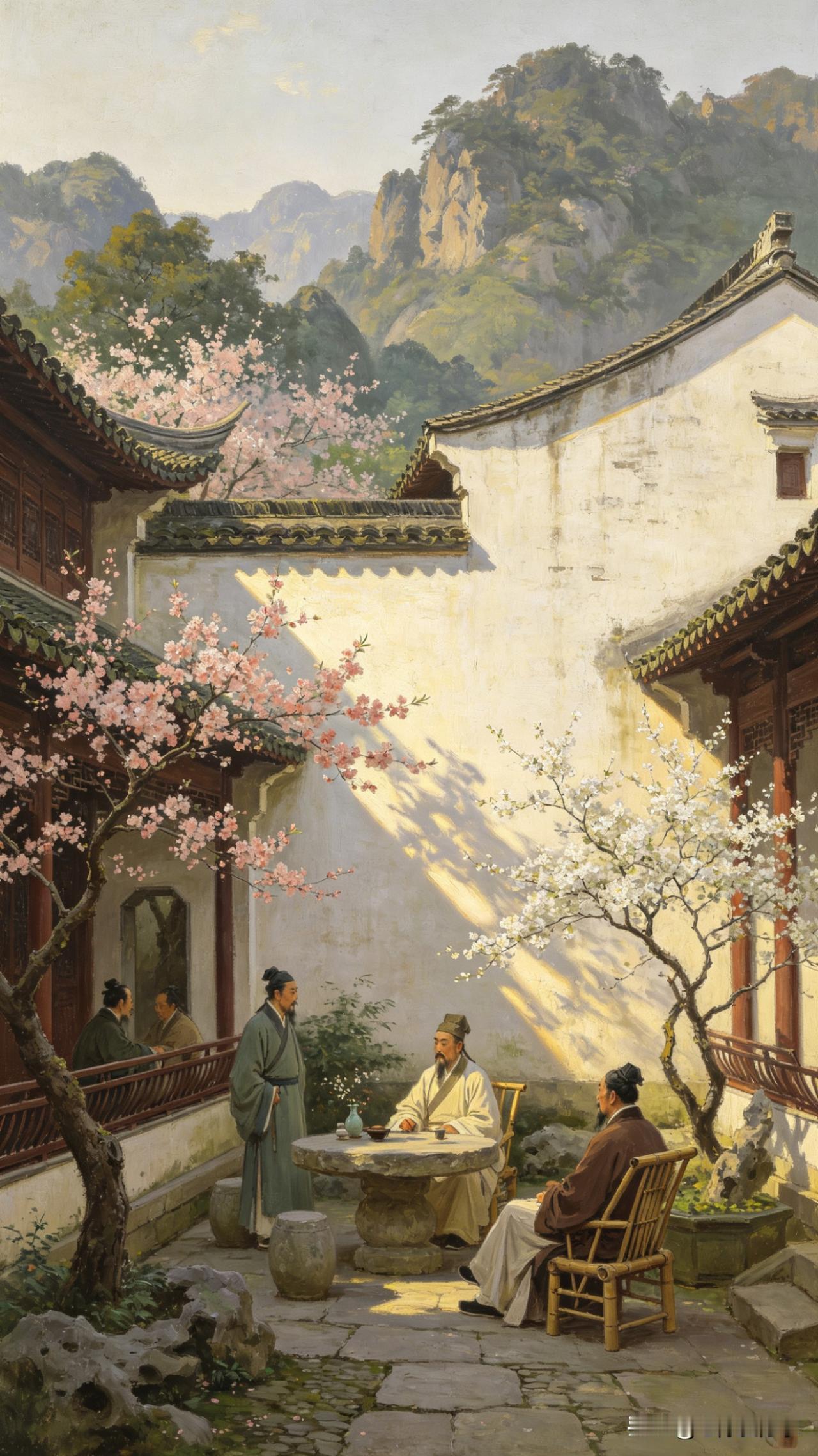 鹧鸪天·春日山居雅集

粉墙黛瓦映斜阳，
桃红李白满庭芳。
远山如黛云深处，
石