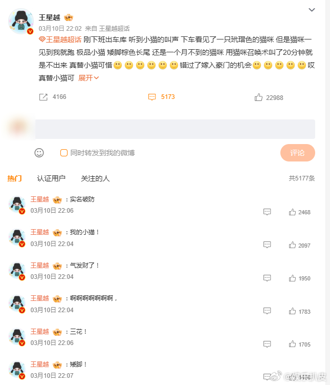王星越说小猫错过嫁入豪门的机会王星越下班车库偶遇小猫，结果用猫咪召唤术叫了20分