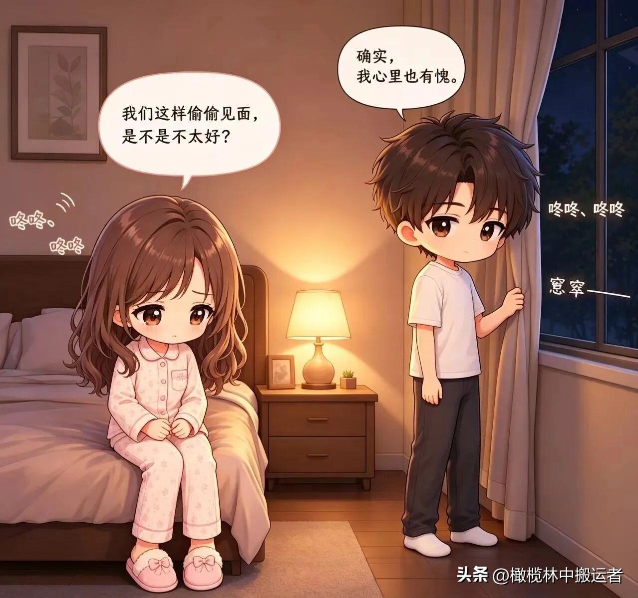 趣味漫画：女：我们这样偷偷见面是不是不太好？男：确实，我心里也有愧。女：其实我有