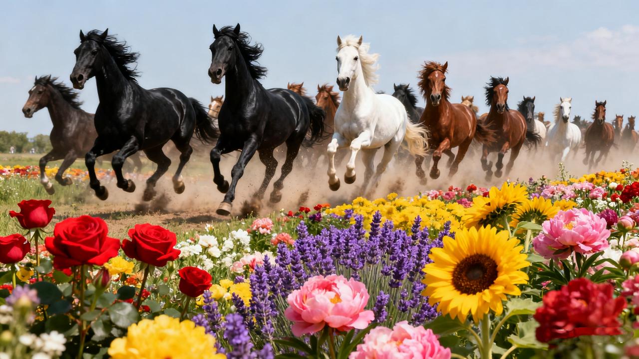 百花齐放，请赐下联- 万马奔腾：数词“万”对“百”，名词“马”对“花”，动词短语