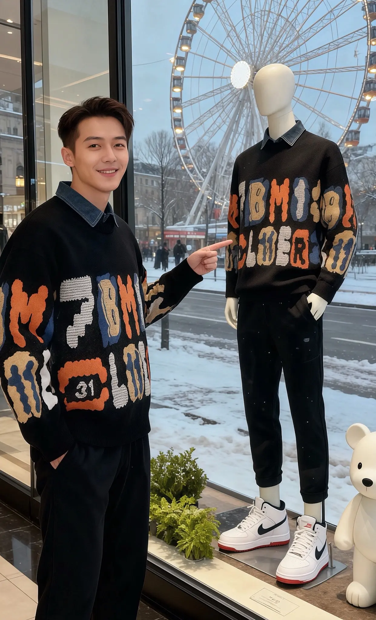 《橱窗里的同频信号》  初雪落满巴黎街道那天，我在橱窗撞见穿同款毛衣的...