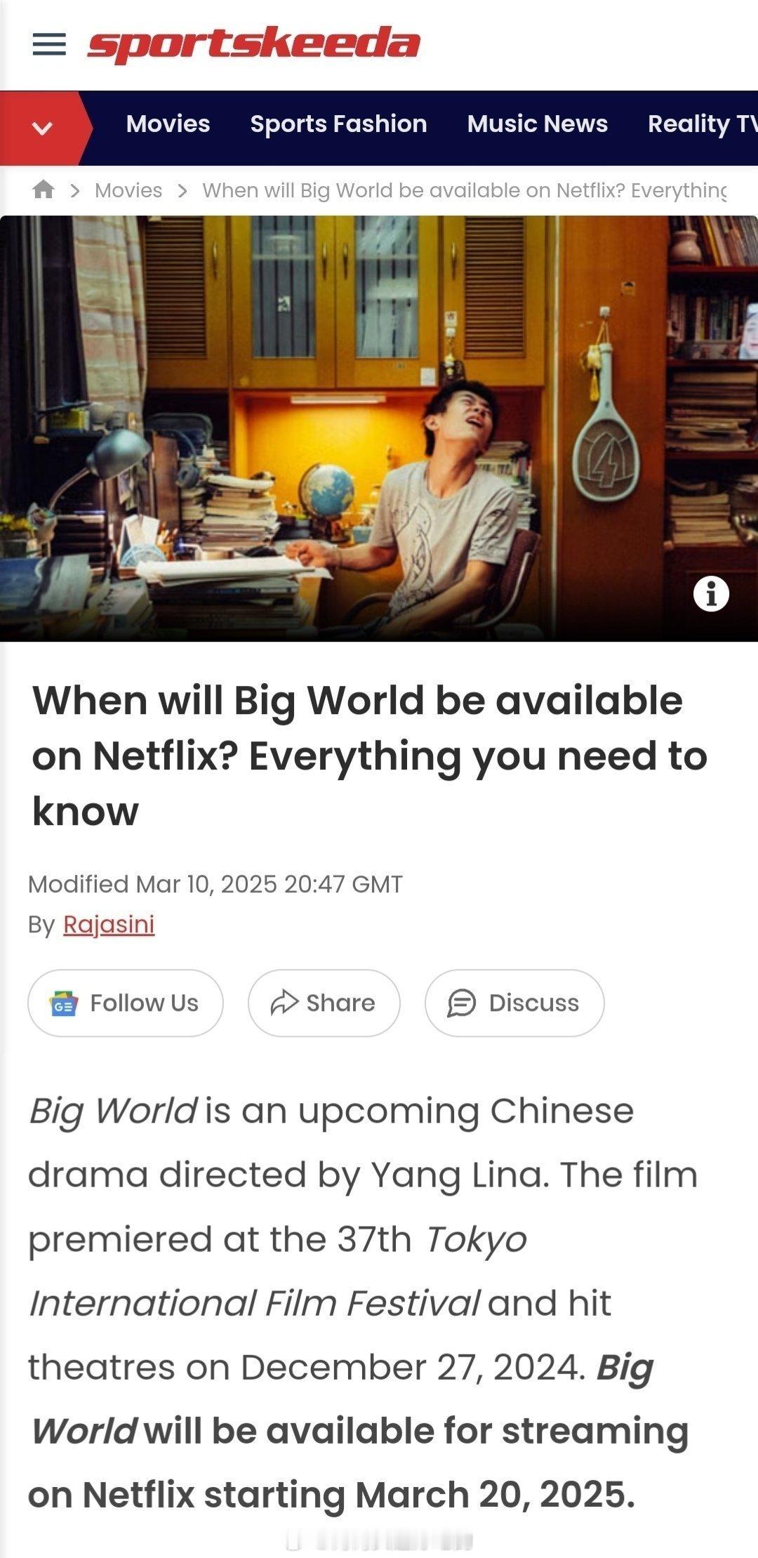 易烊千玺演技片段在外网出圈，带动电影快速走向全球。美国著名媒体Sportskee