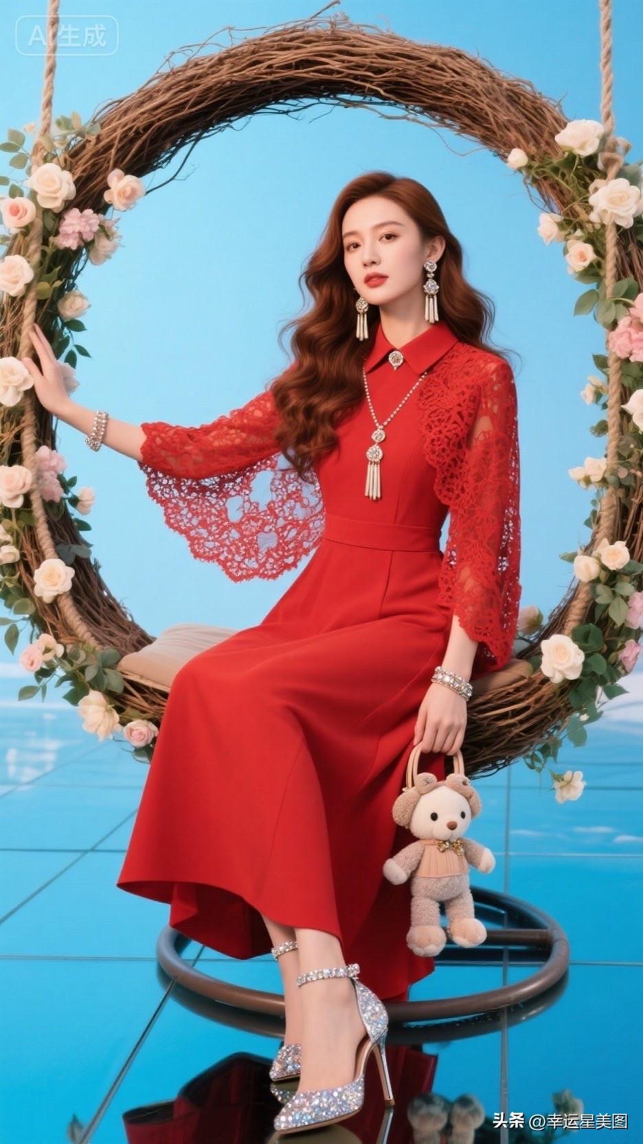 穿红裙子的美女坐在花篮里。