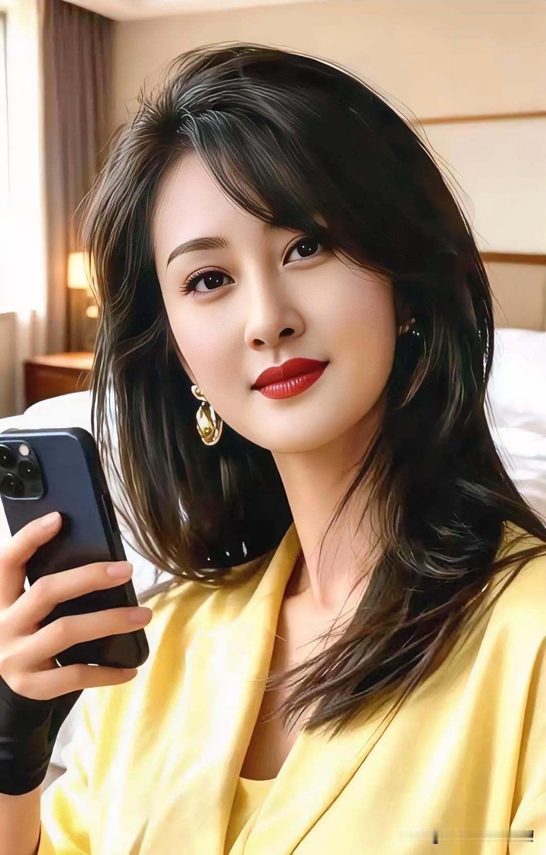 明黄衣衫点亮温婉气质，红唇微扬间，尽显从容自信的优雅风华。