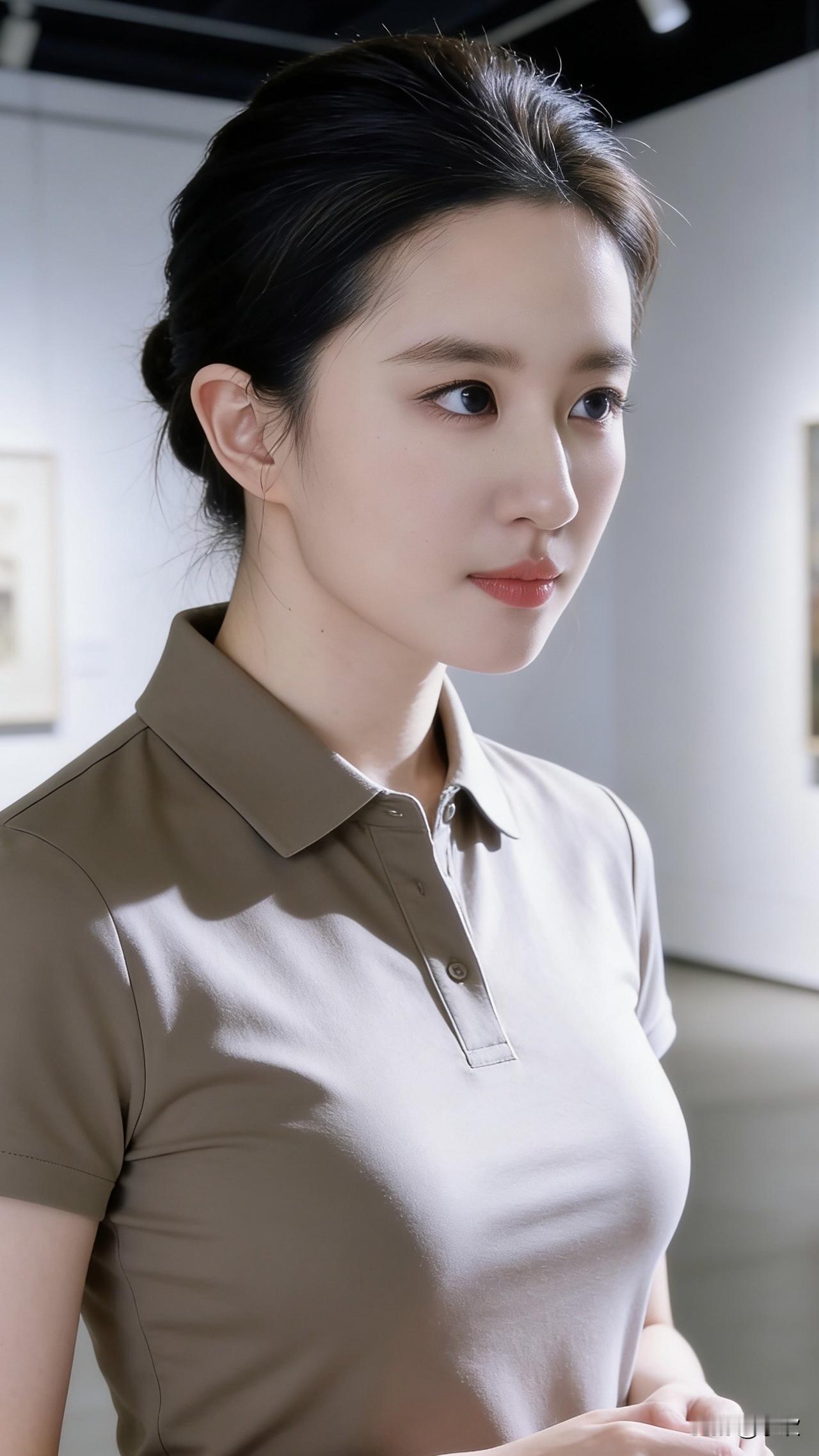 柔和的灯光落在她浅咖色的衣领上，她安静伫立在展厅中央，目光掠过一幅幅画作，仿佛在