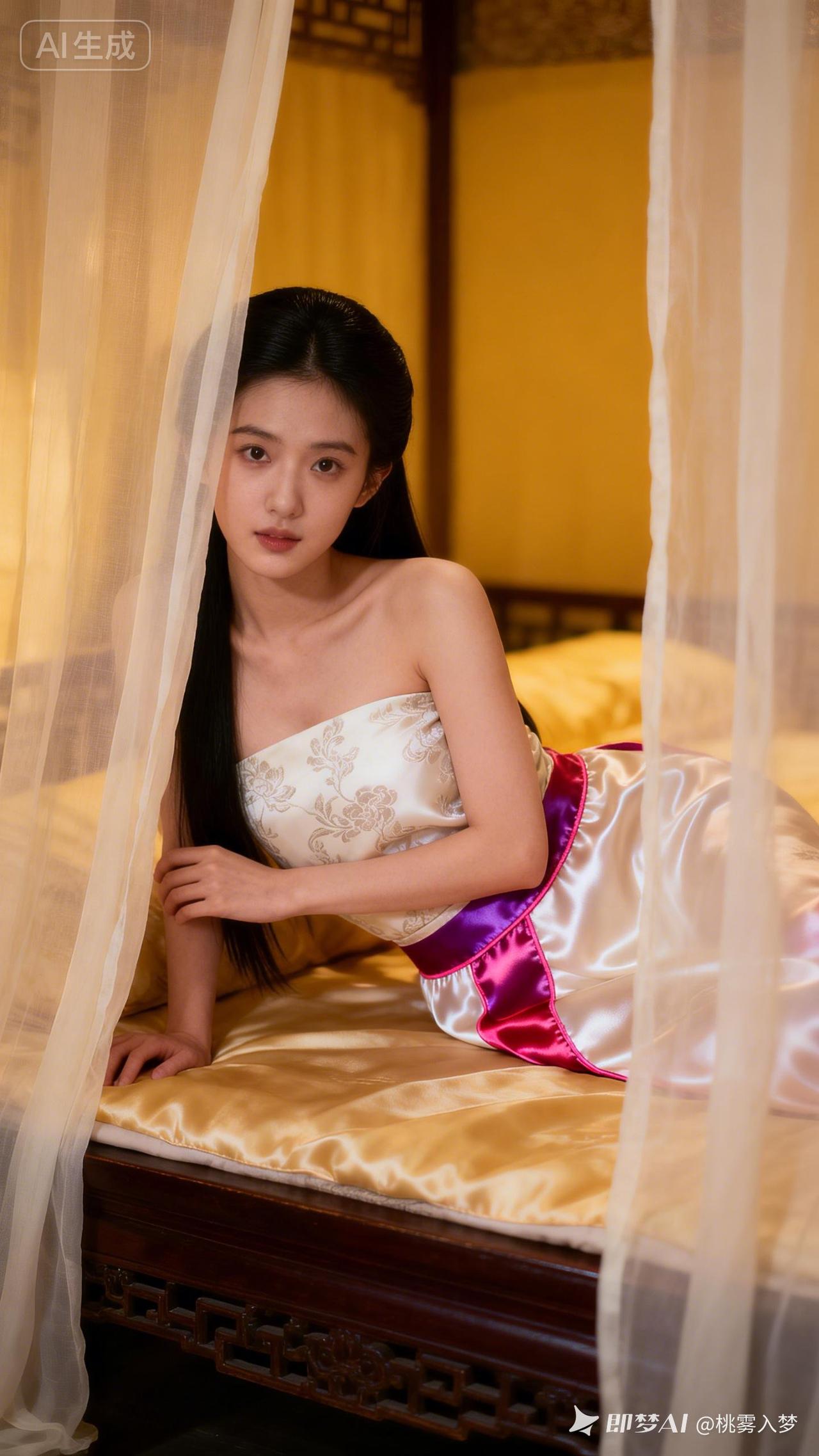 古装女子半卧床榻，纱帐框景，米白缎面暗纹寝衣娇美，清冷温柔又灵动，暖光闺房朦胧雅