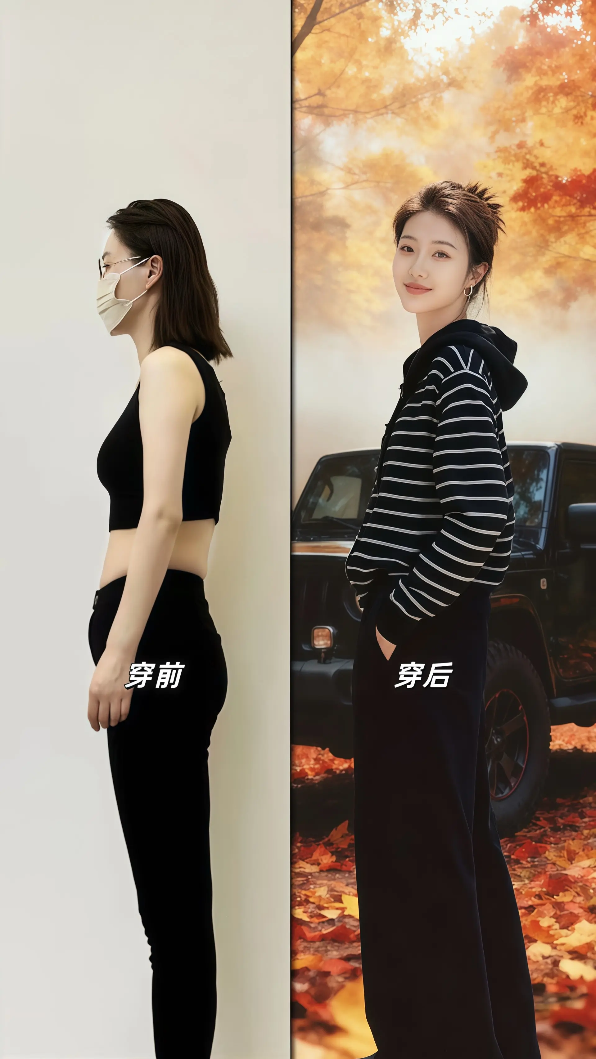 她穿着一件韩版条纹长袖针织衫，在金黄与绯红交织的枫叶树林里，把秋日的慵...