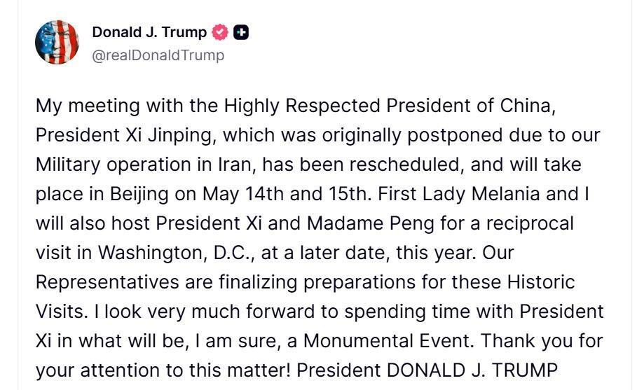 特朗普宣布访华时间。
美东时间3月25日，美国总统特朗普在社交平台公布，他将在5