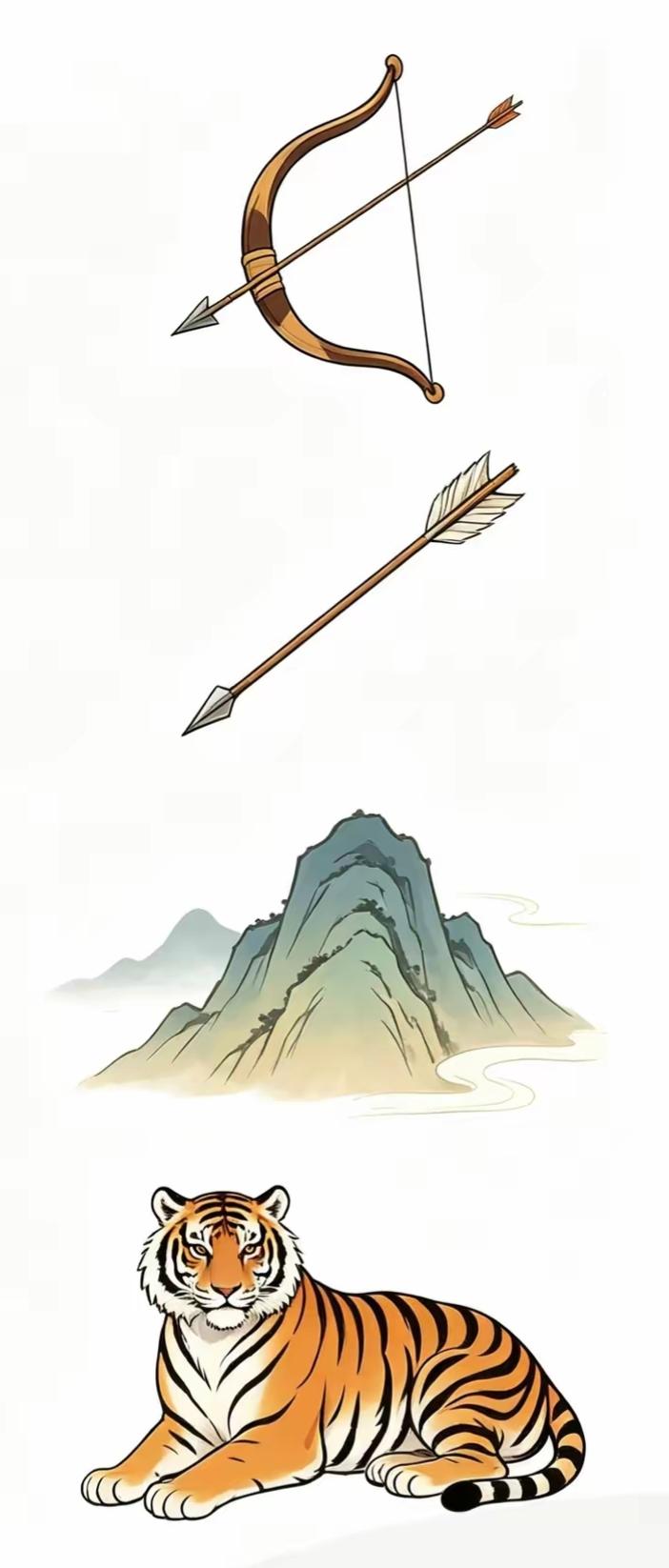 弓箭、老虎和山，风景画。看图猜词语，开心快乐，这个组合很有意思，非常简单的词语。