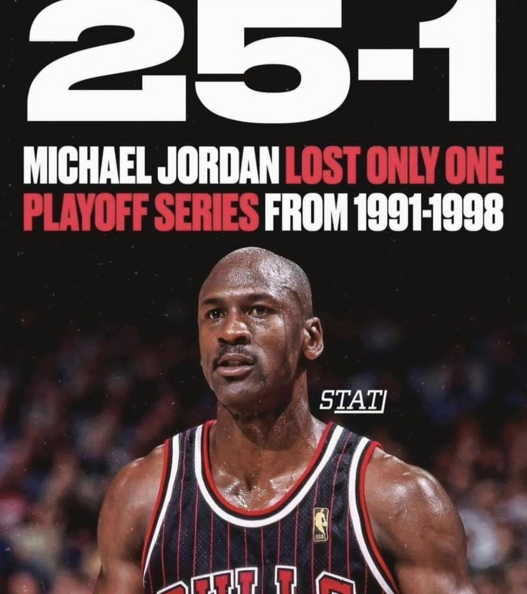 总在赢的路上！乔丹1991-1998期间季后赛一共赢了25轮系列赛，仅输了一次系