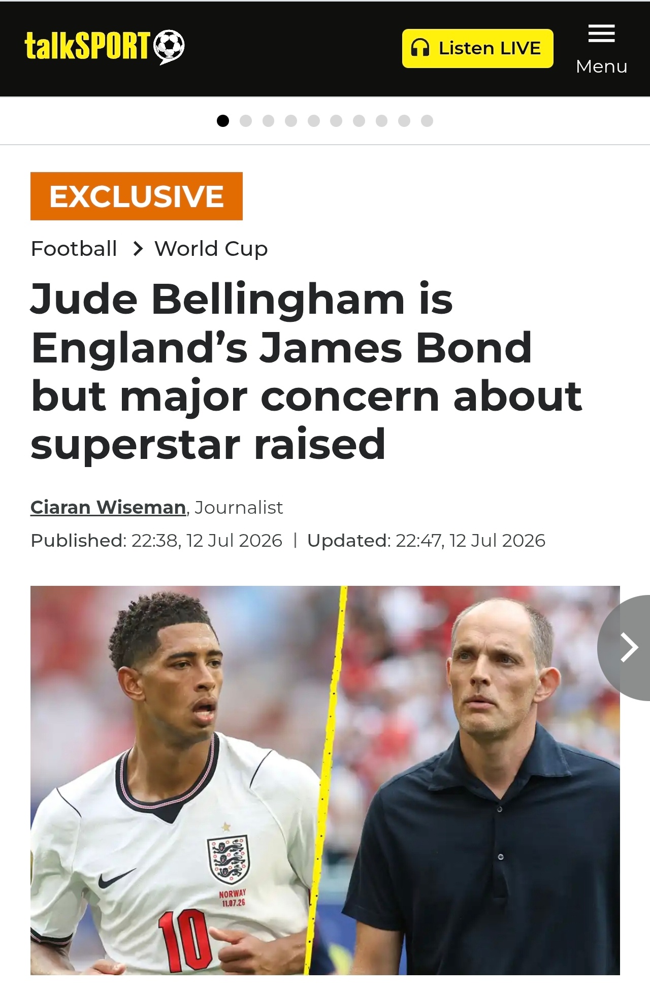 talksport：裘德·贝林厄姆是英格兰的“詹姆斯·邦德”，但超级球星身上浮现