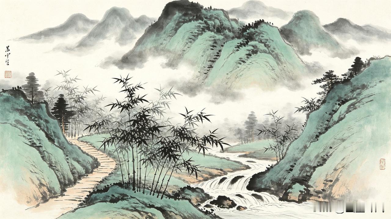 上联：青山藏画意
下联：碧水蕴诗情。
配诗：
山野闲吟
青山藏画意，
碧水蕴诗情