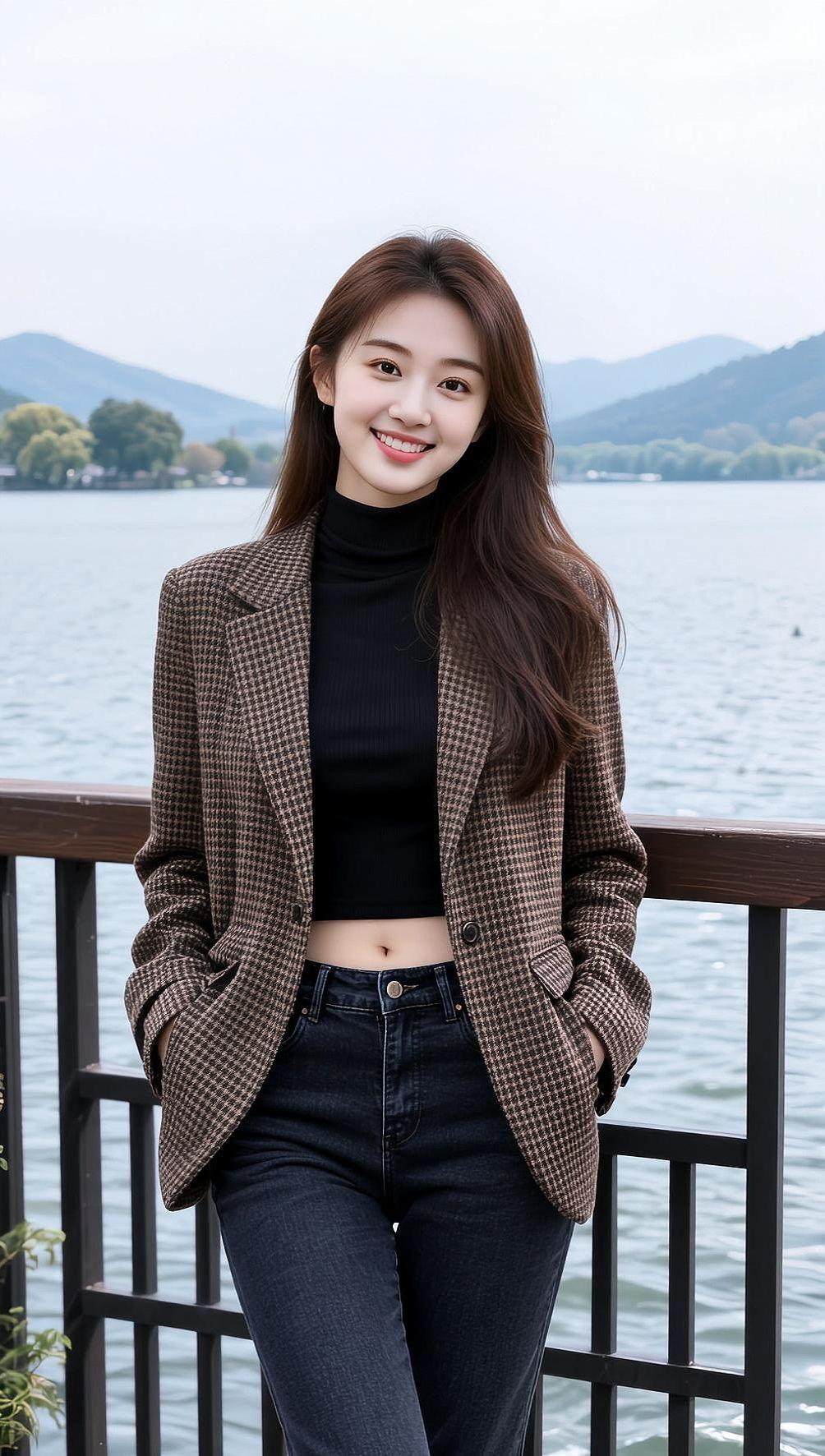 AI湖畔微笑写真 抖音ai创作 氛围感美女