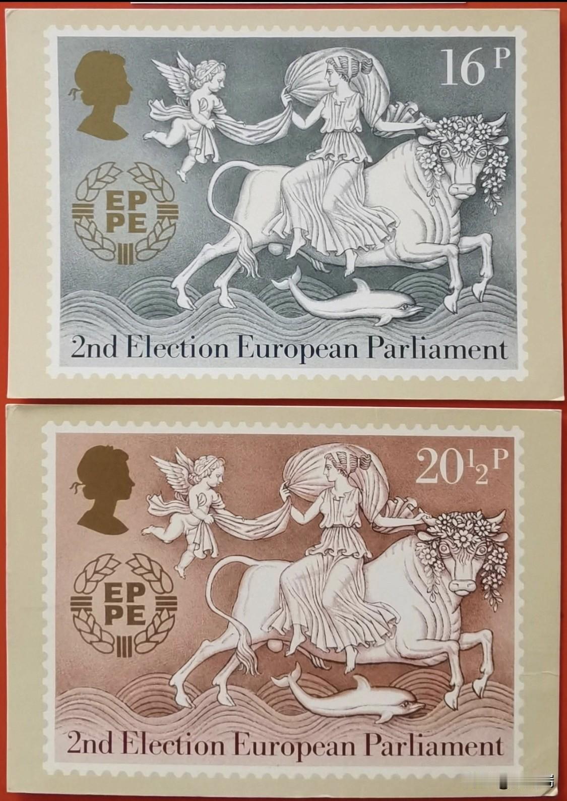 这两枚邮票是英国于1984年发行的纪念邮票，主题为“第二届欧洲议会选举”，属于“