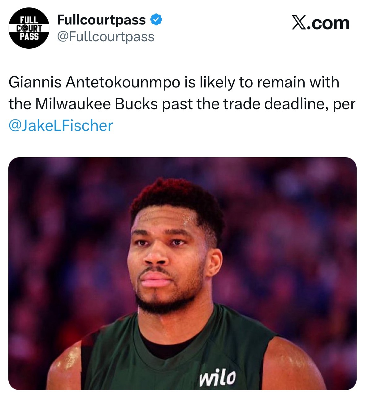 Fischer：字母哥大概率会在交易截止日后继续留守密尔沃基雄鹿队。 