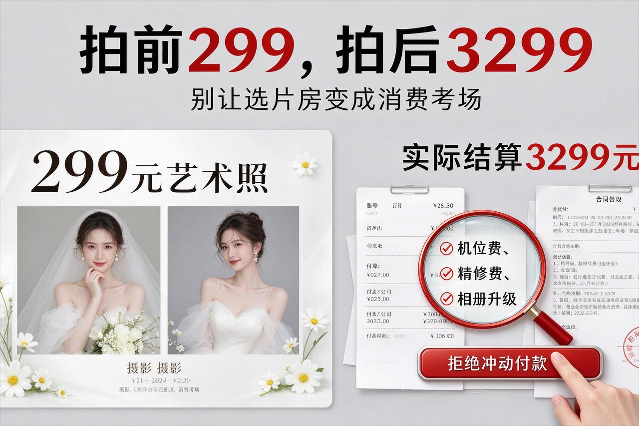 299元艺术照套餐拍完变3299元，299 元写真只是诱饵，选片房才是真正的消费