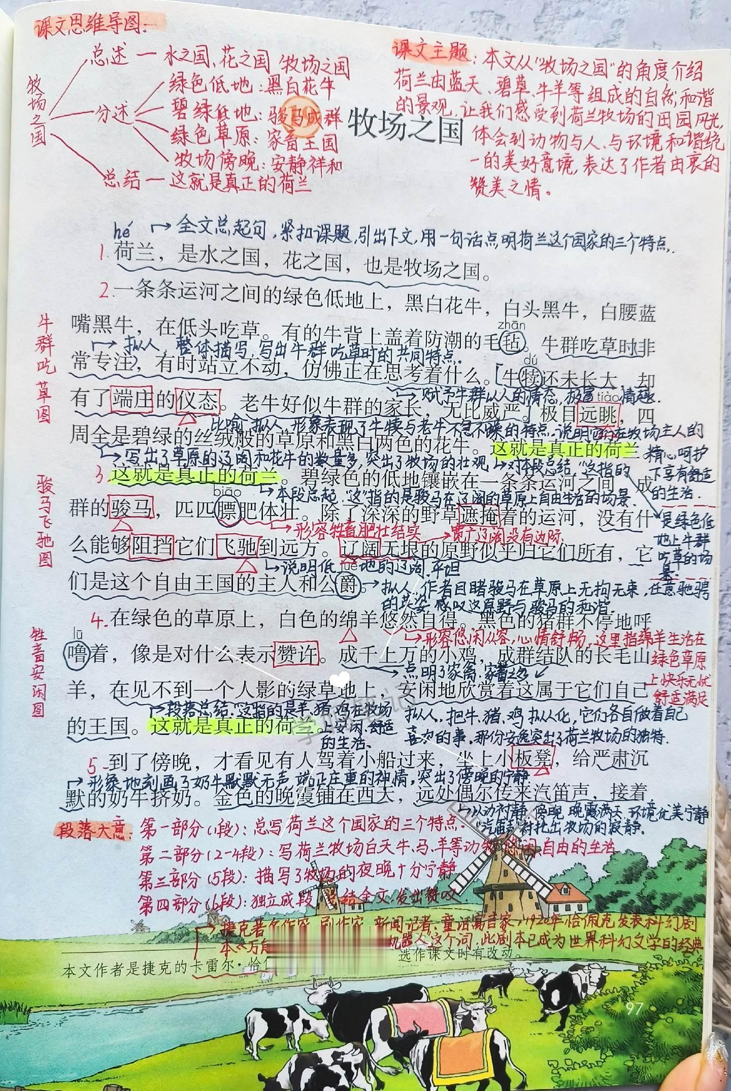 五下语文课堂笔记-19牧场之国。第19课从“牧场之国”的角度介绍荷兰由蓝天、碧草、牛羊等组成的自然和谐的景观，让我们感受到荷兰牧场的田园风光，体会到动物与人与环境和谐统一的美好意境，表达了作者由衷的赞美之情。课文学习过程中也要去重点关注动态与静态相结合的描写方式，同时，文中用到了四句“这就是真正的荷兰”，学习过程中，从中去体会真正的荷兰是什么样的。