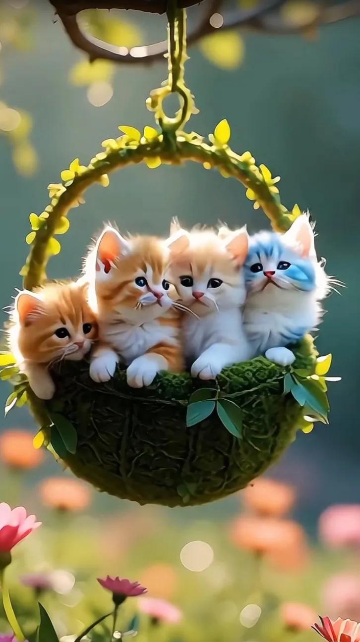 萌宠小猫咪，绿植篮里坐，春日花园里，可爱到爆炸！🌸🐱💕喜欢花花的小猫 萌猫