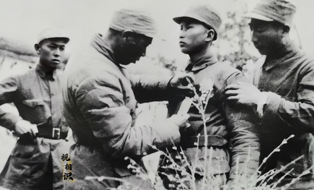 1941年，幸存的“狼牙山五壮士”之一的宋学义接受奖章时的场景，面对...