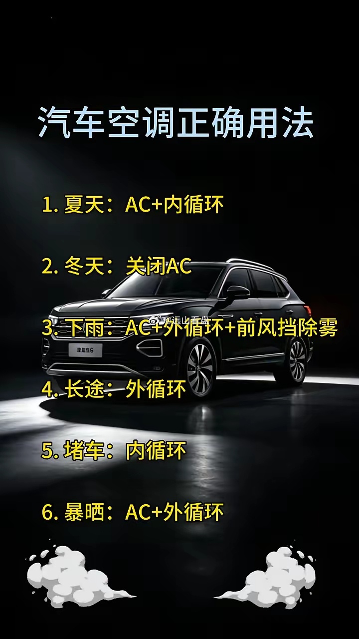 汽车空调正确用法。·1.夏天：AC+内循环。·2.冬天：关闭AC。·3.下雨：A