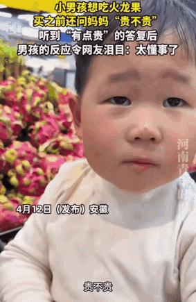 安徽，小男孩想吃火龙果，买之前突然问妈妈: “贵不贵。”没想到，妈妈跟他说: “